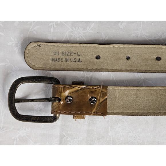 Vintage Croc Print Faux Leather Belt Brown Womens Large 38" 1" W Made In USA - Picture 7 of 8